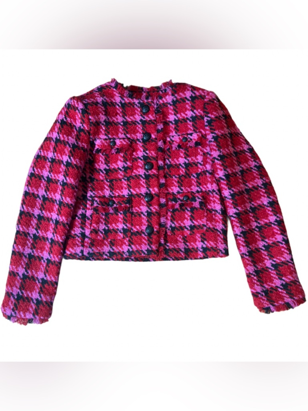 Cropped Pink & Black Houndstooth Tweed Blazer Jacket